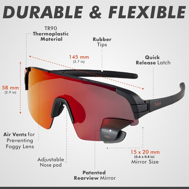 TriEye Store نظارات ركوب الدراجات مع مرآة خلفية - نظارات رياضية للرجال والنساء - حماية UV-400 - Image 5